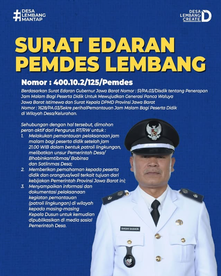 📢 PEMDES LEMBANG TERBITKAN SURAT EDARAN TERKAIT PEMBATASAN AKTIVITAS MALAM HARI BAGI PESERTA DIDIK